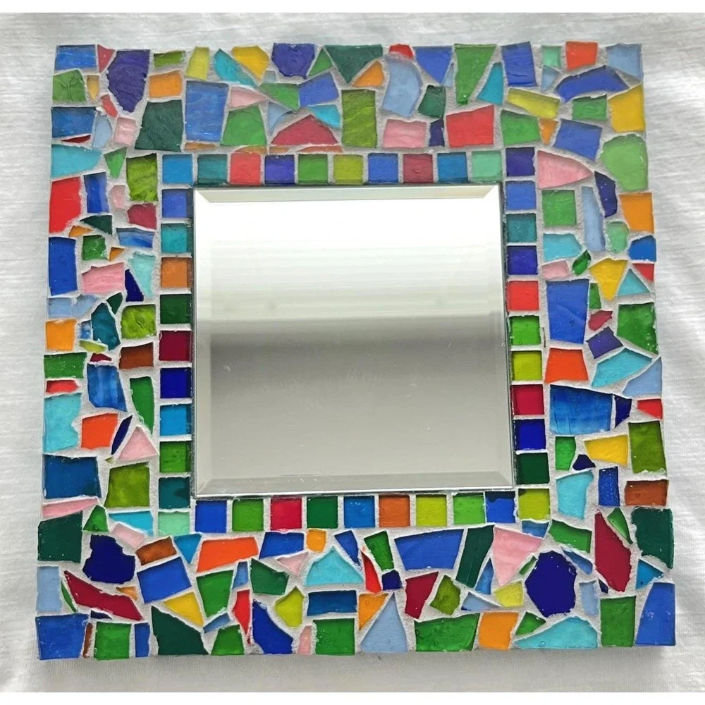 Stained Glass Mosaic Mirror Colorful Glass Tile Wall Mirror Beveled Boho Decor